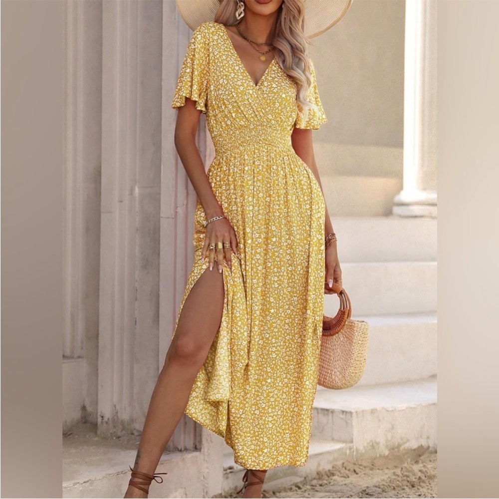 V neck flutter sleeve boho floral print maxi dress pink - Picture 4 of 6